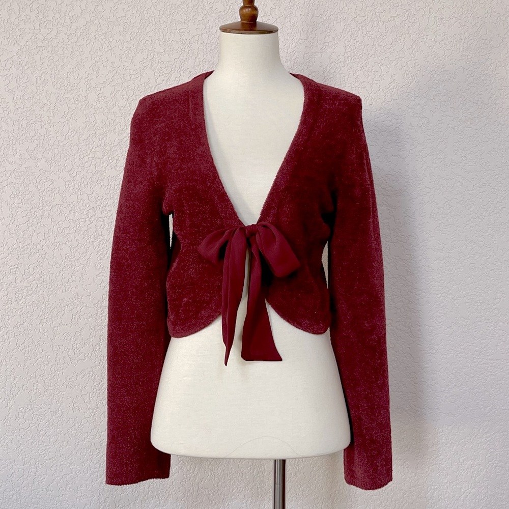 NWOT Anthropologie Moth brand burgundy chenille chiffon bow cropped cardigan